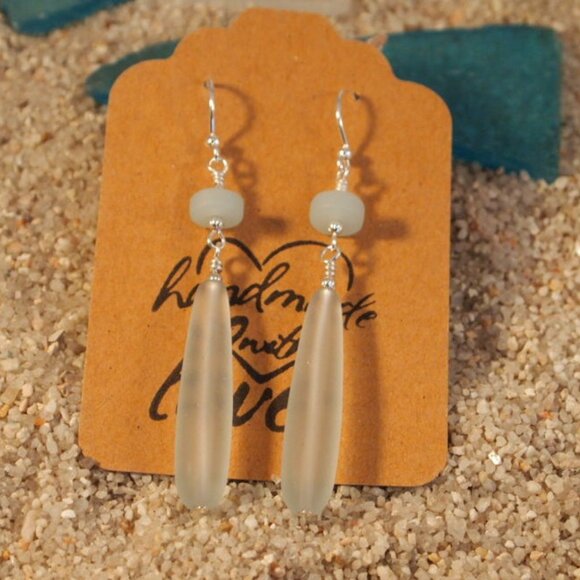 Long Sea Glass Drop Earrings Beach Statement Pierced or Clip-on Earrings - Picture 9 of 11